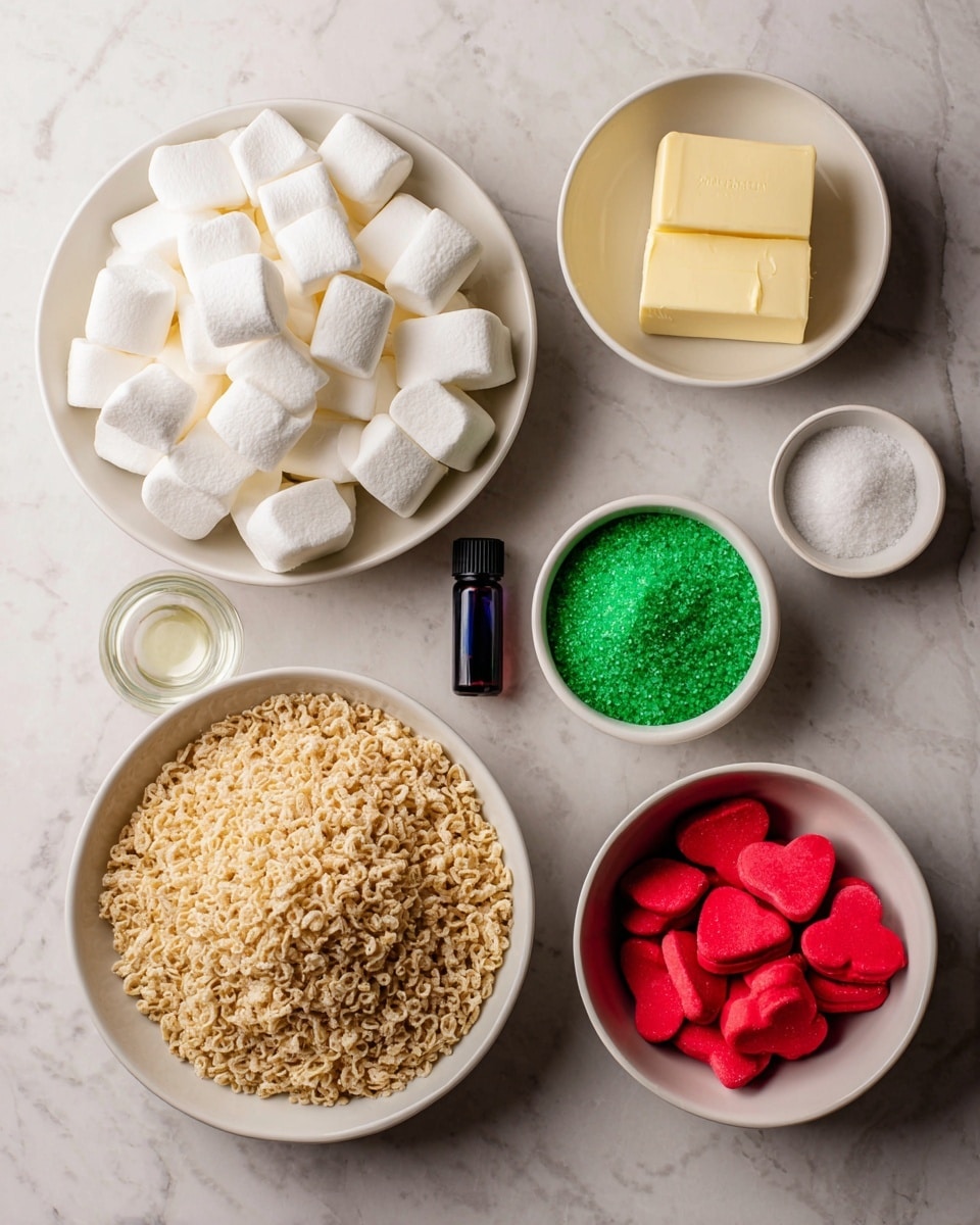 A top-down view of seven white bowls and a small bottle arranged on a white marbled surface, each holding different ingredients for Grinch Rice Krispie Treats: one large bowl full of big white marshmallows in the upper left, a smaller bowl with three pieces of pale yellow butter near the top center, an empty small bowl labeled vanilla next to the butter, a large bowl filled with light brown crispy rice cereal at the lower left, a small bowl with bright green sanding sugar near the lower center, another small bowl containing red jumbo heart-shaped candies to the right, and a small dark bottle of gel coloring extract placed between the marshmallows and vanilla bowls. Photo taken with an iphone --ar 4:5 --v 7
