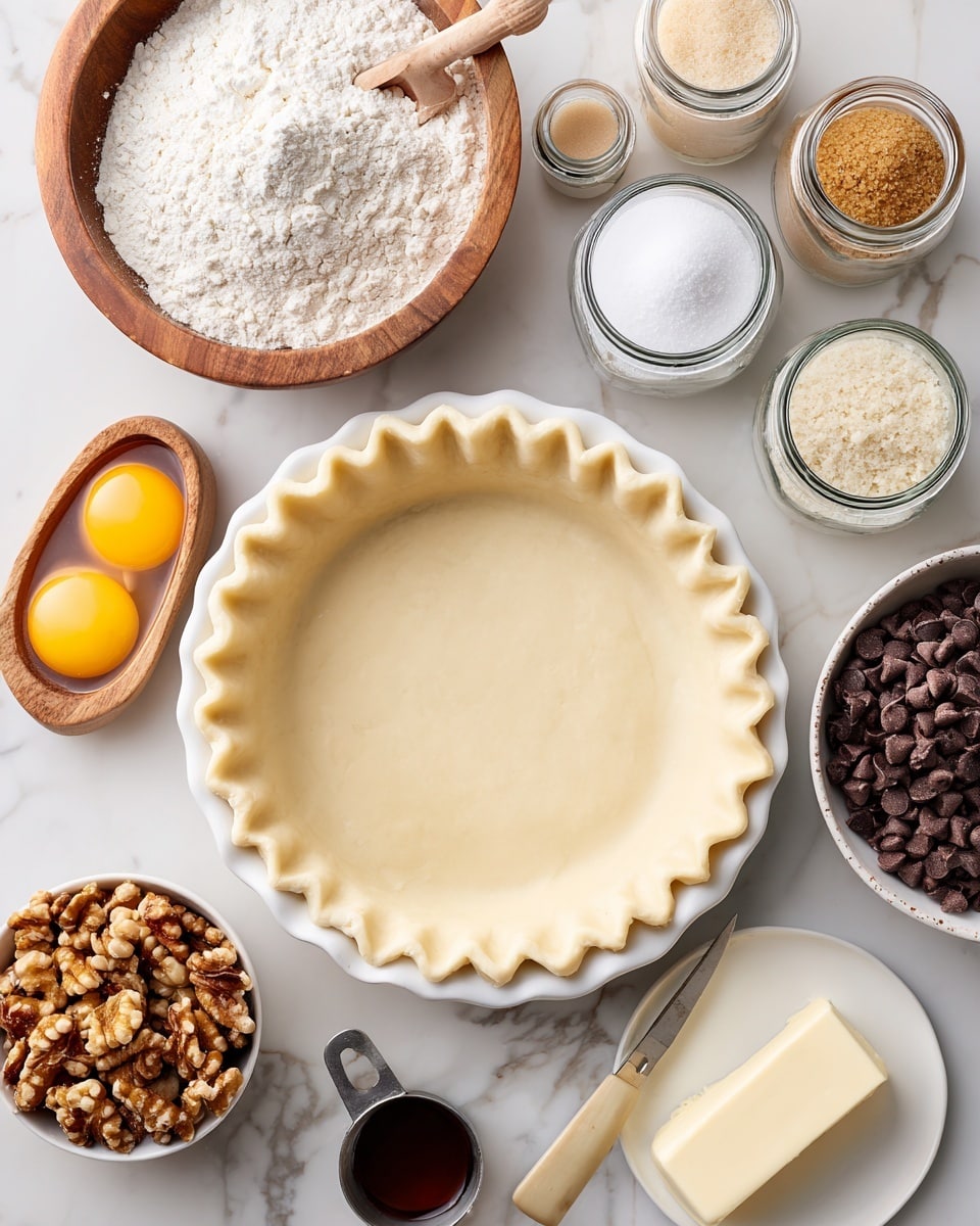 A white pie crust, with a fluted edge, sits at the bottom center of the image on a white marbled surface. Above it, a small white bowl holds two raw eggs with bright yellow yolks in clear whites. To the right of the eggs, a tiny white bowl contains white baking soda powder. Above this, three small glass jars filled with light brown sugar, off white granulated sugar, and light tan brown sugar stand in a row. To the left of the eggs, a silver measuring cup holds white flour. At top left, a wooden cup is filled with chopped walnuts. At bottom right, a wooden bowl contains dark brown chocolate chips. Below this, a small white plate holds a stick of light yellow butter with a white knife resting on it. Near the baking soda is a small container with dark brown vanilla extract. Photo taken with an iphone --ar 4:5 --v 7