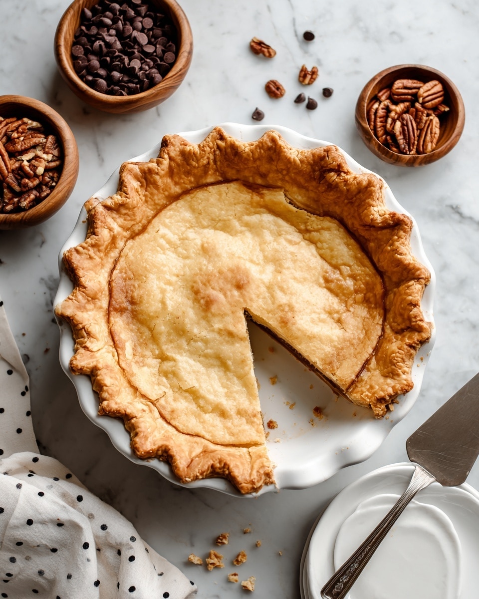 A round pie with a golden, slightly cracked top layer sits in a white pie dish, its edge crimped and flaky. The pie has one slice partly cut but still in place, showing its soft texture. Surrounding the pie on a white marbled surface are three wooden bowls: one filled with pecan nuts, another with dark chocolate chips, and the last one with brown sugar. Scattered pecans and chocolate chips lie between the bowls and pie. A white plate with a metal pie server is visible at the bottom right corner, partially covered by a white cloth with black polka dots. photo taken with an iphone --ar 4:5 --v 7