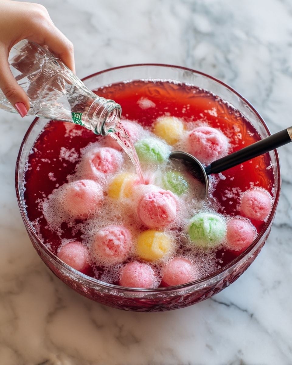 The image shows a clear, round punch bowl filled with a deep red fruit punch base being topped with a light green limeade being poured from a small clear glass pitcher by a woman's hand. Over the red and green liquid mix, a bottle of clear Sprite is seen pouring into the bowl from above, adding bubbles and fizz. In the next frame, scoops of colorful sherbet, mainly pink, yellow, and light green, float on the surface of the punch, creating a creamy texture with foam around the scoops. A woman's hand holds a black ice cream scoop adding more sherbet scoops into the bowl and the final view shows many scoops mixed in the punch, giving it a vibrant pink frothy top. All is set on a white marbled surface. photo taken with an iphone --ar 4:5 --v 7