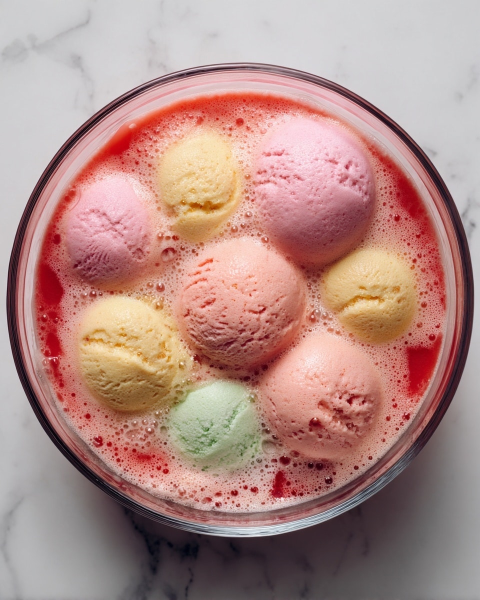 A clear glass bowl sits on a white marbled surface, filled with a red liquid base that takes up about three-quarters of the bowl. On top of the liquid, there is a thick, frothy pink layer with eight small, round scoops that look like pastel sherbet in shades of pink, yellow, peach, and light green, partially submerged and slightly melting into the froth. The mixture of colors creates a soft, creamy, and bubbly texture at the surface. Photo taken with an iphone --ar 4:5 --v 7