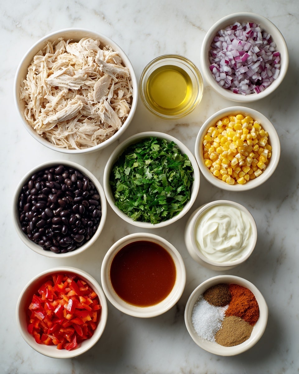 A collection of ten white bowls arranged on a white marbled surface, each filled with different ingredients: shredded pale beige chicken in a large bowl at the top left, bright yellow corn kernels in the top middle bowl, finely chopped purple and white onions in the top right bowl; below them, dark glossy black beans in the left bowl, vibrant green chopped cilantro in the middle bowl, a small bowl of clear pale yellow liquid to the right, and a smooth red sauce in the bowl further right; in the bottom row, a bowl of bright red diced bell peppers on the left, creamy white sour cream in the middle, and a bowl with two different powders, one brown and one white, next to a small bowl on the right filled with a mixture of reddish-orange spices with white salt sprinkled on top, all neatly placed and ready for preparation photo taken with an iphone --ar 4:5 --v 7
