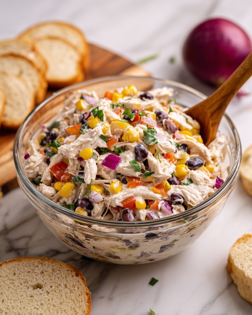 A clear glass bowl filled with a mixed salad that has three main layers visible: shredded white chicken pieces on top mixed with bright yellow corn kernels and black beans, and diced red bell peppers and red onions scattered throughout. Small green herb leaves are also spread in the mix, giving a fresh look. The salad is creamy, with a light sauce coating all ingredients. A wooden spoon is partially submerged in the bowl from the left side. The bowl sits on a wooden surface with slices of light brown bread and a halved red onion blurred in the background, all placed on a white marbled textured surface. Photo taken with an iphone --ar 4:5 --v 7
