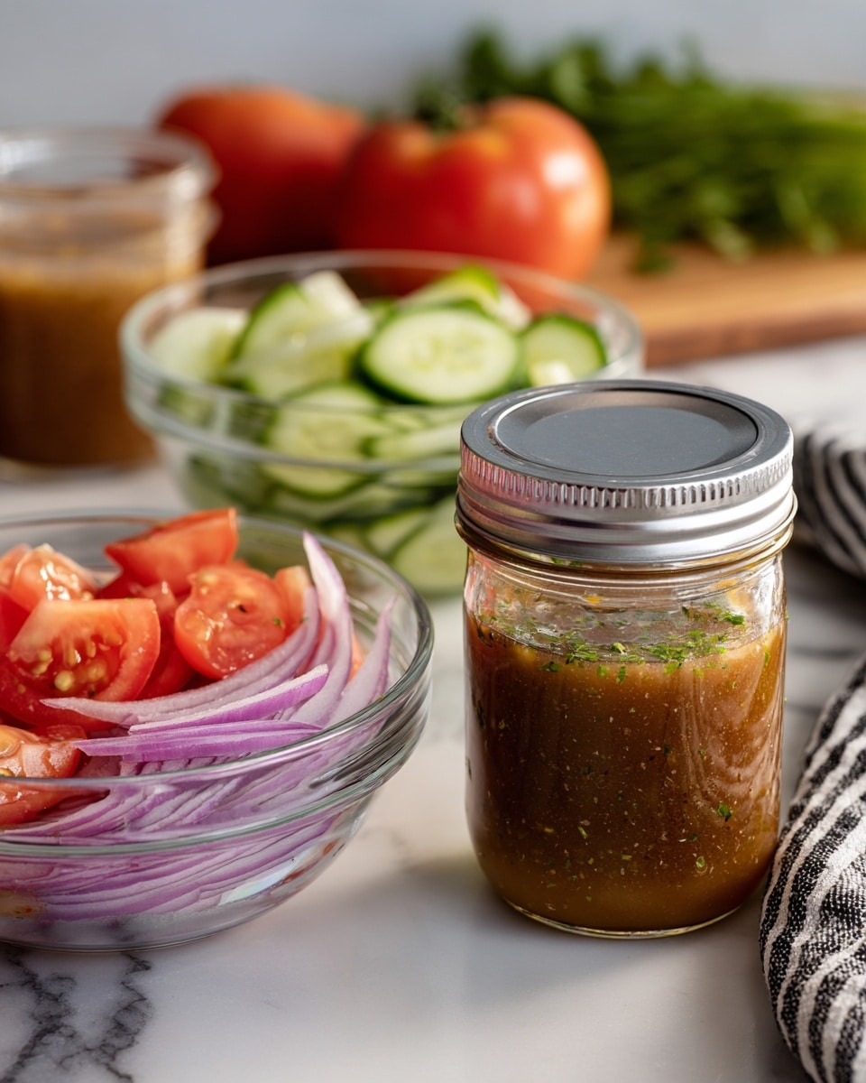 A glass jar with a silver lid contains a brown dressing with small green herbs inside, sitting on a white marbled surface with blurred tomatoes and greenery in the background; next to it, a clear glass bowl holds three sections of fresh vegetables separated in thirds: quartered red tomatoes, thinly sliced pale green cucumbers, and thin purple onion strips, each section in a bright and fresh color; a smaller clear bowl above shows a few pieces of tomatoes and cucumbers, while a small glass jar with some dressing residue sits nearby; in the last view, the vegetables in the large bowl are sprinkled with the brown herb dressing, lightly coating the tomato, cucumber, and onion sections; the scene includes a black and white cloth partly visible; photo taken with an iphone --ar 4:5 --v 7