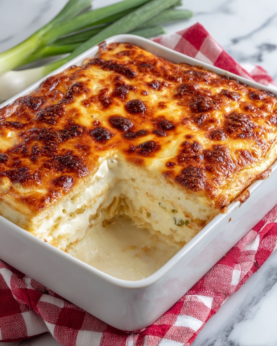 A white baking dish contains a baked casserole divided into six square pieces. The top layer is golden and bubbly melted cheese with some browned spots, creating a creamy and slightly textured surface. The edges reveal a thick, creamy, white sauce beneath the cheese. The dish sits on a white marbled surface with a red and white checkered cloth partially visible under the dish’s corner. There is also a dark container with mixed peppercorns and a green onion near the dish along with two forks placed nearby. Photo taken with an iphone --ar 4:5 --v 7
