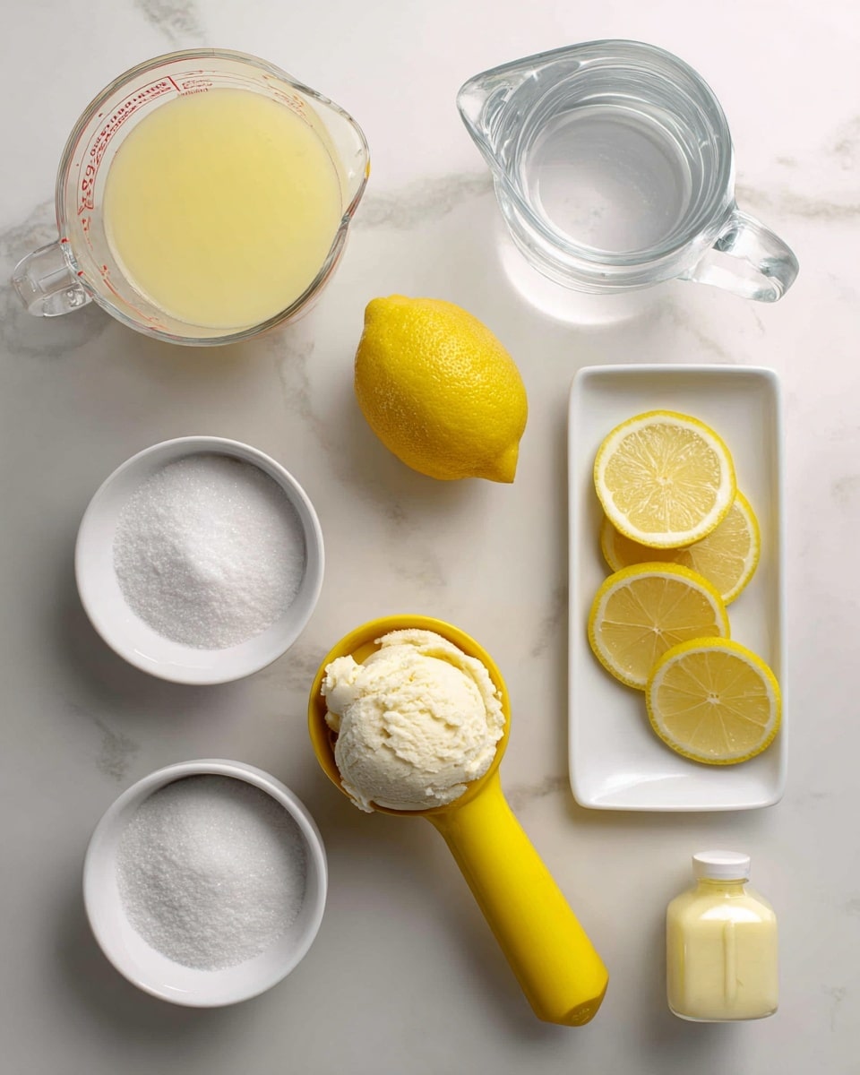 A top-down view shows a white marbled surface with multiple ingredients arranged neatly. There is a transparent measuring cup filled with pale yellow squeezed lemon juice on the left, next to a yellow lemon squeezer and a half-squeezed lemon. Above the lemon is a transparent small pitcher with cold water. Below are round white bowls filled with granulated sugar and lemon slices. On the right is a white rectangular plate holding a yellow-handled ice cream scooper with a scoop of vanilla bean ice cream. Next to the water pitcher is a small bottle of yellow food coloring. All items are spaced evenly and clearly visible. Photo taken with an iphone --ar 4:5 --v 7