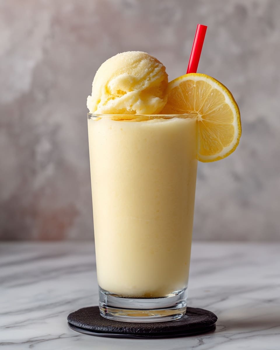 A tall clear glass filled with creamy pale yellow lemon drink with a smooth texture. A shiny spoon is scooping a scoop of thick, light yellow frozen dessert from the top of the drink. On the rim of the glass, there is a bright yellow lemon slice. A red straw sticks out from the drink in the glass. The glass sits on a dark coaster, all on a white marbled surface with a blurred background. Photo taken with an iphone --ar 4:5 --v 7