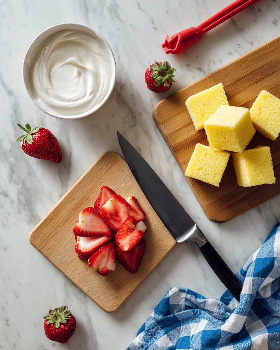 The image shows a top view of a food preparation scene on a white marbled surface. At the center is a small wooden cutting board with three medium-sized strawberries sliced horizontally into layers, showing bright red color and juicy texture. To the right, another wooden board holds small, square yellow cake pieces with a soft, spongy texture. A large kitchen knife with a black handle rests diagonally on the marbled surface next to the cutting board with strawberries. In the top left corner, there is a white bowl filled with smooth white cream. A red-handled strawberry corer tool lies to the left of the cutting board. A blue and white checkered cloth is partially visible at the bottom right corner. photo taken with an iphone --ar 4:5 --v 7