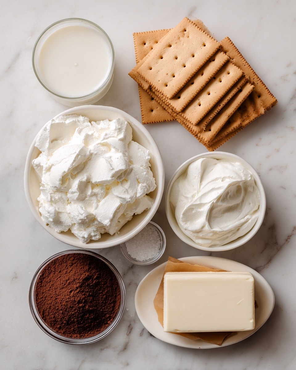 A clear glass cup filled with white milk sits on the bottom left. To the right, a medium-sized white bowl holds a heap of fluffy, white cool whip. Above the milk is a small white bowl with white marshmallow cream, showing slight creamy texture. Above the cool whip, a small white plate holds a block of smooth cream cheese. On the top right, a stack of light brown graham crackers with tiny holes sits neatly aligned. In the center, a small brown paper bag contains rich, dark brown chocolate pudding powder. A small clear container with white salt is placed next to the crackers. The items are arranged on a white marbled surface. photo taken with an iphone --ar 4:5 --v 7