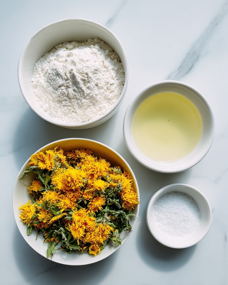 The image shows four white bowls arranged on a white marbled surface. The largest bowl on the left is filled with fine white flour, smooth and even on top. Next to it on the right is a medium bowl filled with bright yellow dried flowers with green leaves mixed in, giving a textured and colorful appearance. To the right of this bowl are two small white bowls, one with a pale yellow liquid and the other with a small amount of white granulated sugar, both creating a simple and clean look. photo taken with an iphone --ar 4:5 --v 7