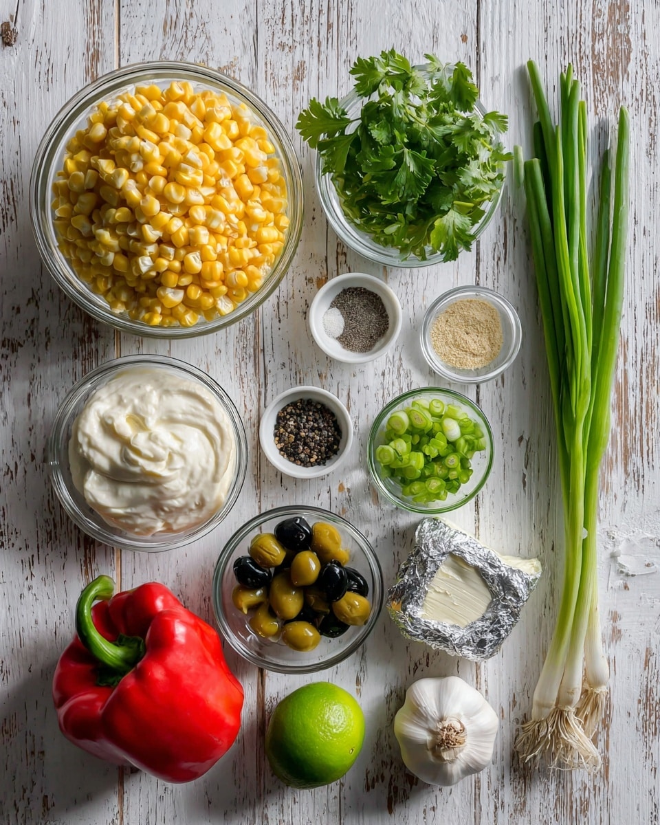 The image shows a top-down view of various ingredients arranged neatly on a wooden surface with a white marbled texture. At the top left is a clear glass bowl filled with bright yellow corn kernels. To the right is a small clear bowl with fresh green cilantro leaves, next to three long green onions placed vertically. Below the cilantro is a white bowl with black pepper and salt. Below the corn is a whole vibrant red bell pepper. Next to that, a clear bowl with creamy white mayonnaise sits beside another clear bowl with diced green chiles. Below these are a white bowl with ranch seasoning mix, a clear bowl with sliced black olives, and a silver foil-wrapped block of cream cheese. At the bottom center sits a whole green lime and a bulb of white garlic. The scene is well lit and vibrant, with clear labels identifying each ingredient. Photo taken with an iphone --ar 4:5 --v 7