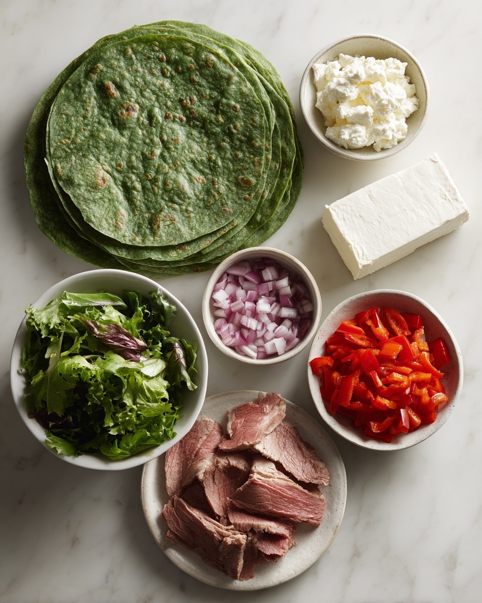 The image shows six food items arranged neatly on a white marbled surface. At the top left, there is a stack of large green spinach wraps or flour tortillas with a soft, flat texture. To the right, a small white bowl holds a thick white block of cream cheese with a smooth surface. Below that, another white bowl contains small pieces of finely chopped red onion, showing shades of light purple and pink. In the middle left, a white bowl is filled with fresh greens, displaying a mix of bright and dark green leaves with a slightly rough texture. At the bottom left, thin slices of roast beef, with a light brown to pink color, are loosely placed on a round white plate with subtle markings. Next to the onion, a small white bowl is filled with diced, bright red roasted peppers, showing a juicy texture. Finally, at the bottom right. photo taken with an iphone --ar 4:5 --v 7
