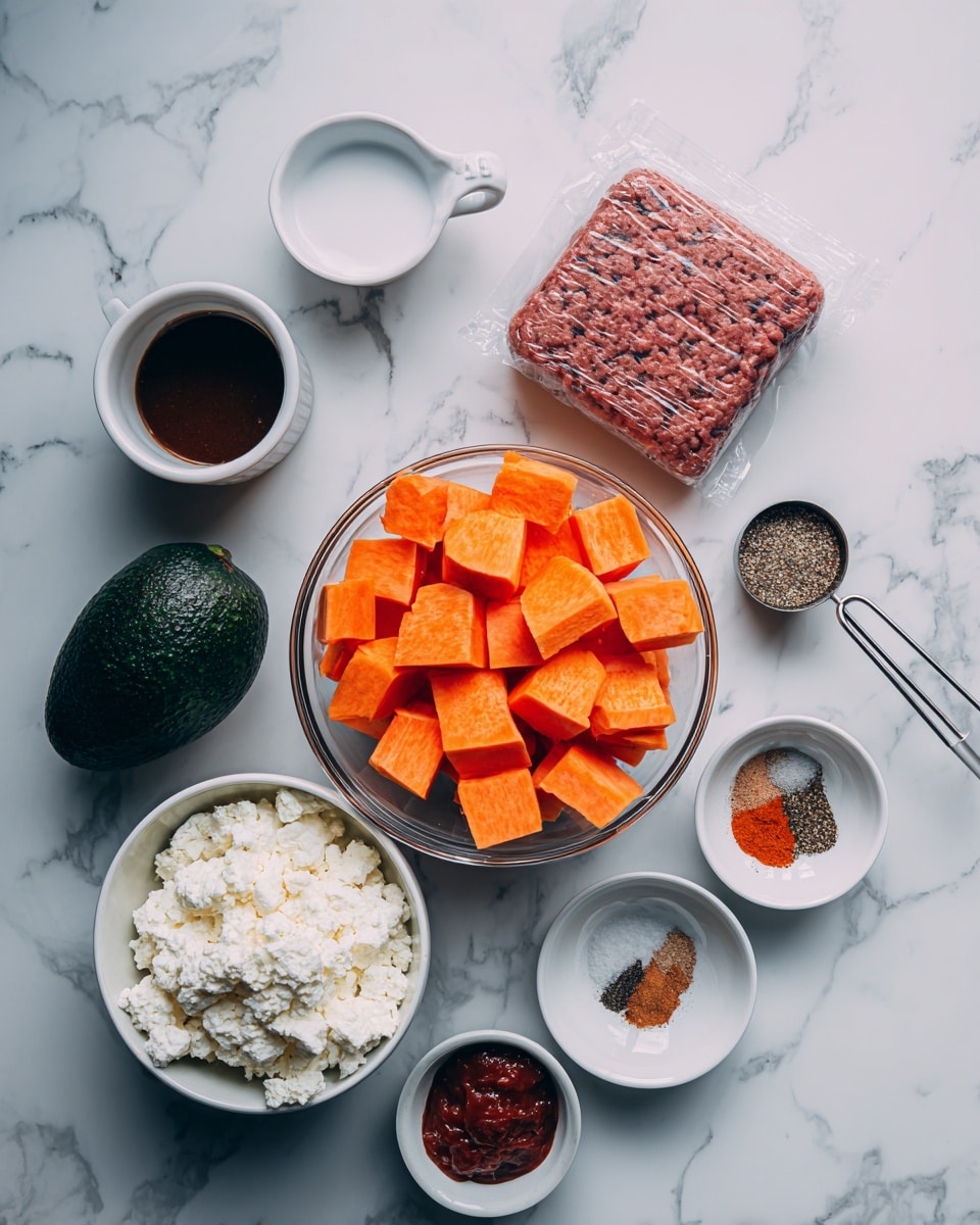 The image shows several ingredients carefully placed on a white marbled surface. In the center, there is a clear glass bowl filled with bright orange diced sweet potatoes. Above and to the right, a square package of lean ground beef wrapped in plastic. Above and to the left of the bowl, a small white cup with a dark brown sauce. To the left of the bowl lies a whole dark green avocado. Below the avocado, there is a white bowl filled with lumpy white cottage cheese. To the right of the cottage cheese bowl, a small white bowl holds a dark red tomato paste. Near the tomato paste bowl, a tiny white plate contains small piles of salt, black pepper, and brown cinnamon powder. Finally, a small metal measuring spoon with taco seasoning powder is positioned above and to the right of the sweet potatoes bowl. The overall setup is neat and clear. Photo taken with an iphone --ar 4:5 --v 7