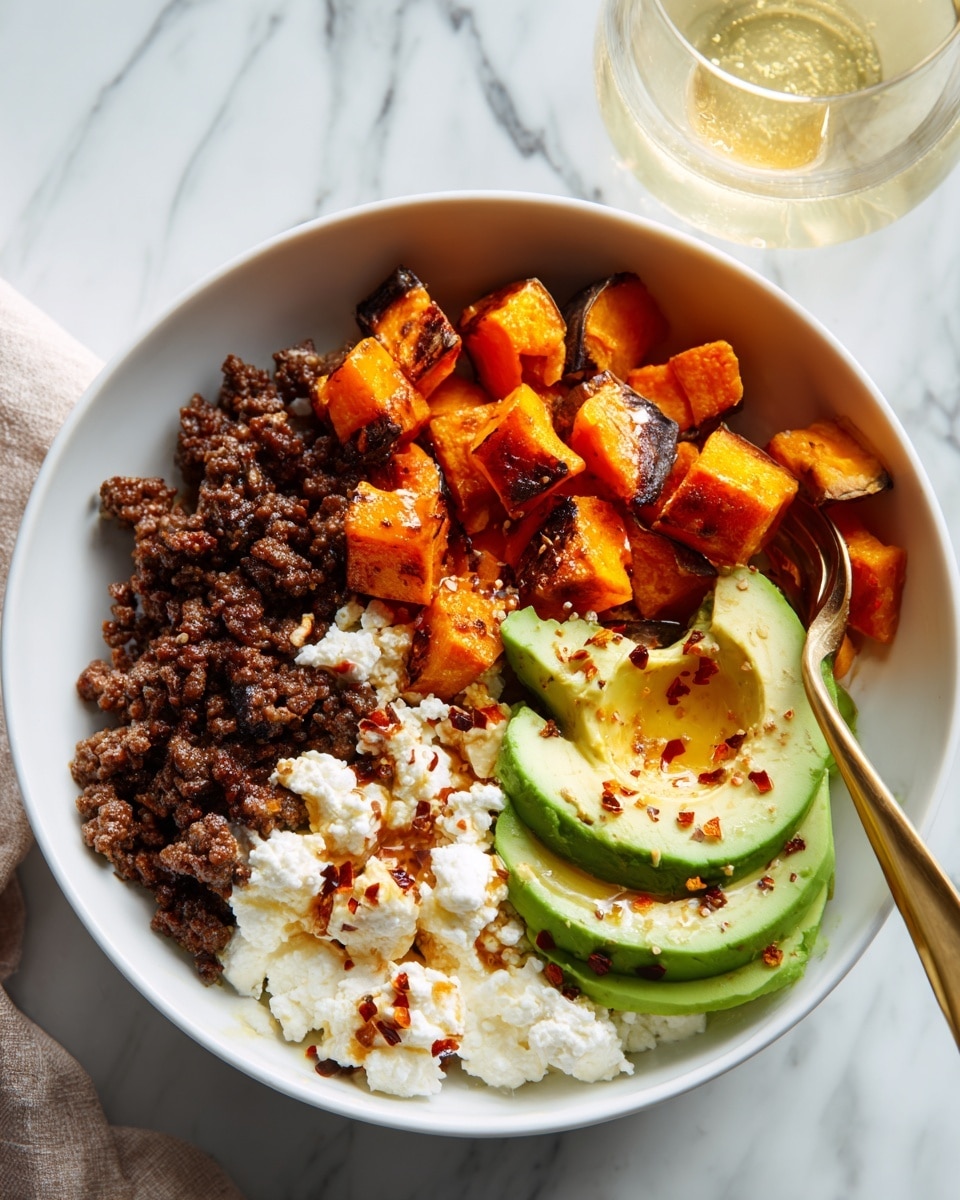 A white bowl on a white marbled surface holds four main layers neatly arranged side by side. On the left, there is a layer of dark brown cooked ground meat with a crumbly texture. Next to it are small cubes of roasted sweet potatoes, orange with some brown char spots. Beside the sweet potatoes is a creamy white layer of cottage cheese, textured with small curds. On top of the cottage cheese and sweet potatoes, there are slices of fresh green avocado with a smooth, soft look, some with a drizzle of amber sauce. Light red chili flakes are sprinkled on top. A gold spoon is resting in the bowl, and part of a glass with a pale yellow drink is seen in the background. Photo taken with an iphone --ar 4:5 --v 7