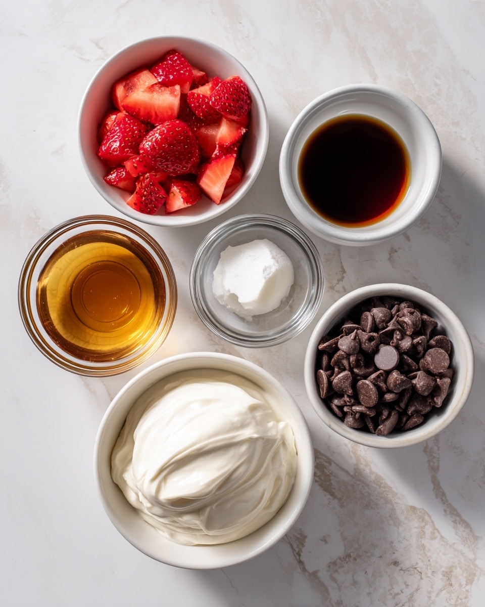 The image shows six white bowls on a white marbled surface, each containing a different ingredient: the top left bowl holds bright red chopped strawberries; the top center bowl has a small amount of solid white coconut oil; the top right small glass container is filled with dark brown vanilla extract; the larger bowl in the center contains smooth, creamy vanilla Greek yogurt in white; the bottom left small bowl holds golden maple syrup; and the bottom right bowl is filled with many shiny dark chocolate chips. The bowls are neatly spaced, showing different colors and textures clearly, with soft natural light enhancing the freshness of the ingredients photo taken with an iphone --ar 4:5 --v 7