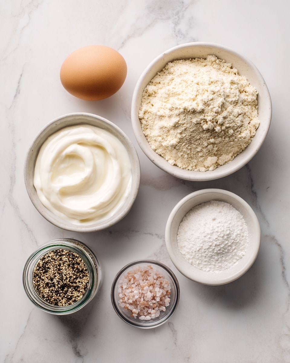 The image shows six small bowls and one egg arranged on a white marbled surface. In the top right, a larger white bowl holds a beige powder labeled almond flour with a soft, crumbly texture. To its left, a small white bowl contains a single brown egg with a smooth shell. Below, a darker white bowl holds thick white Greek yogurt with a creamy texture. To the bottom left, a small glass jar is filled with everything bagel seasoning, a mix of black, white, and tan seeds and flakes. Next to it, a small white bowl contains pink Himalayan salt with a coarse grain texture. Finally, on the bottom right, a small clear bowl holds white baking powder with a fine texture. All items are clearly labeled and neatly placed in the frame. Photo taken with an iphone --ar 4:5 --v 7