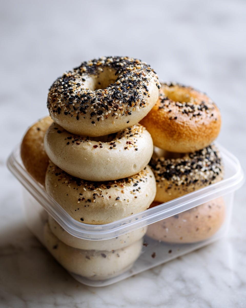 This image shows a stack of bagels inside a clear plastic container on a white marbled surface. The stack has two layers visible: the bottom layer is a plain bagel with a light beige color and a smooth texture, while the top layer is an everything bagel topped with a mix of black sesame seeds, white sesame seeds, and other seasoning bits, giving it a speckled look. The bagels have a round shape with a hole in the center, showing some crumbly details on the plain bagel. The light shines softly on the bagels, highlighting their golden-baked surfaces photo taken with an iphone --ar 4:5 --v 7