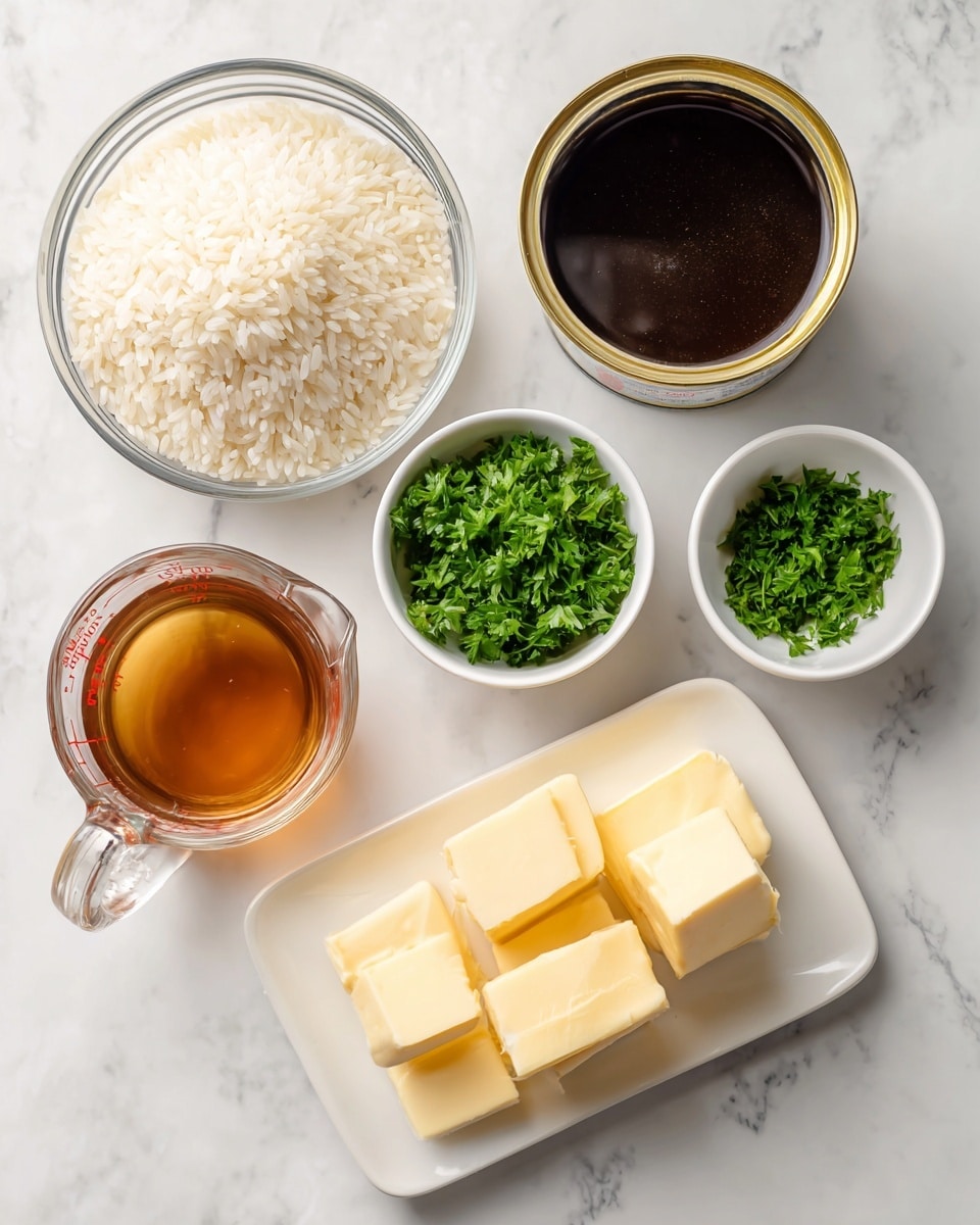 A top view of six cooking ingredients arranged on a white marbled surface, each in a separate container. At the top left, a clear glass bowl holds one cup of long grain rice with visible white grains. To the right, an open can filled with dark brown French onion soup sits slightly above center. Below the can, a small white bowl contains finely chopped bright green parsley. Near the bottom right, a white rectangular plate holds half a cup of butter, cut into rectangular chunks with a creamy yellow color. To the left of the butter, a small clear glass measuring cup holds one and a quarter cups of beef broth, showing a rich amber liquid. The arrangement is clean and simple with black text labeling each ingredient in a playful font. Photo taken with an iphone --ar 4:5 --v 7