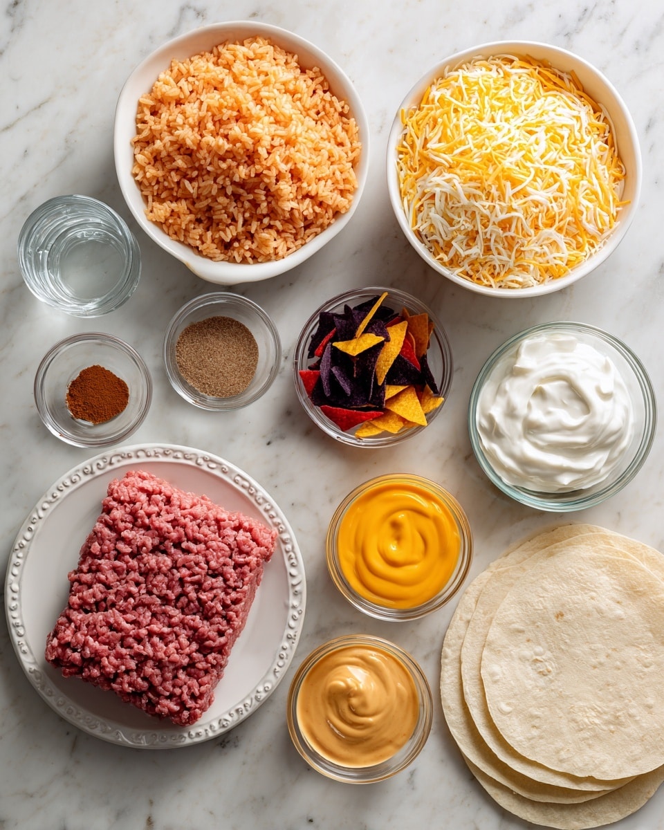 The image shows a flat lay of various ingredients for making a Mexican-inspired dish on a white marbled surface. There are two white bowls, one filled with light orange Mexican or Spanish rice and the other with a mix of shredded yellow and white Mexican blend cheese. A small white dish holds a brown taco seasoning powder, and a small glass bowl contains colorful tortilla strips in red, black, and beige. Another small glass bowl has white sour cream with a smooth texture. A white plate with a decorative edge holds a block of raw ground beef in pink color. There are two more small bowls, one with bright yellow nacho cheese sauce and the other with creamy orange Taco Bell creamy chipotle sauce. A glass of clear water sits near the bowls. Finally, two flour tortillas lie flat side by side at the bottom right. The photo is taken with an iphone --ar 4:5 --v 7
