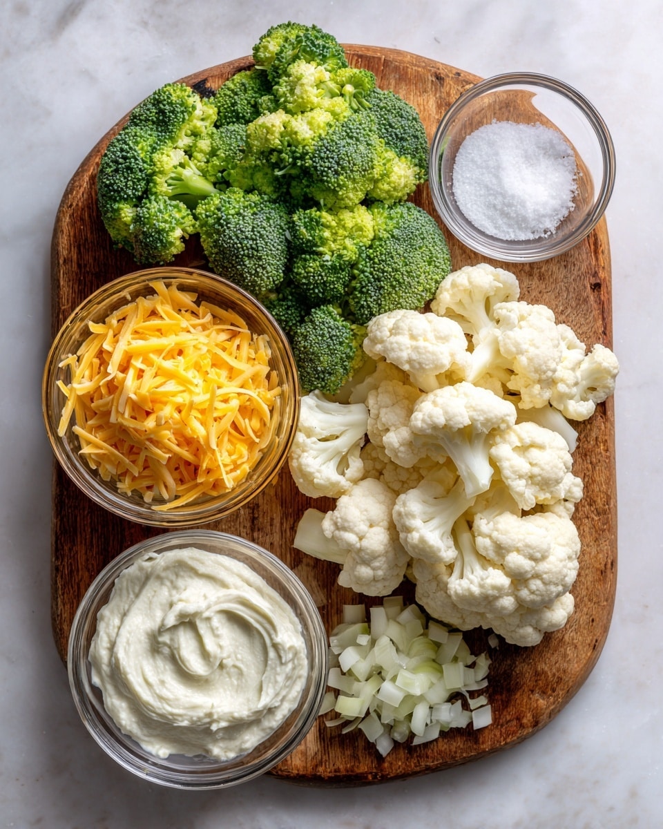 A wooden board on a white marbled surface holds several food items arranged in groups: at the top left, bright green chopped broccoli florets with a fresh texture; next to it on the right side, white granulated salt in a clear round bowl; below the salt, small, white cauliflower florets creating a light, bumpy texture; to the left of the broccoli,  below the cauliflower, shredded bright yellow cheddar cheese in a clear round bowl; to the left of the cheese, a creamy white spread in a clear round bowl with a smooth but slightly textured surface; surrounding these items are small bits of chopped white onion. Photo taken with an iphone --ar 4:5 --v 7