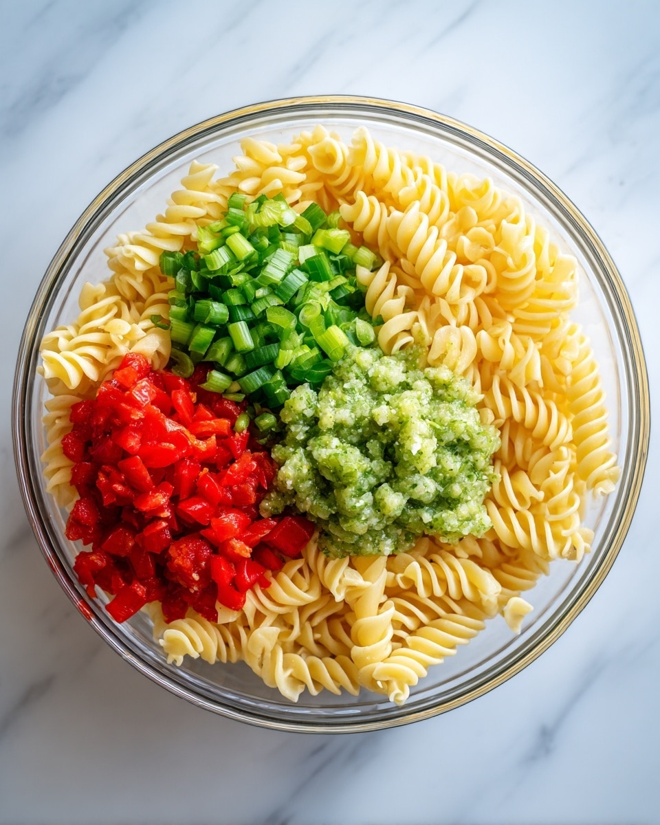 A clear glass bowl sits on a white marbled surface filled with four main layers of ingredients. The bottom layer and largest portion is pale yellow spiral pasta. On top of the pasta in separate sections, there is a bright red diced pepper layer on the left, a vivid green chopped celery and green onion mixture on the top, and a chunky green relish on the right. The textures vary with the soft pasta, crisp vegetables, and wet relish, all together in the clear bowl. Photo taken with an iphone --ar 4:5 --v 7