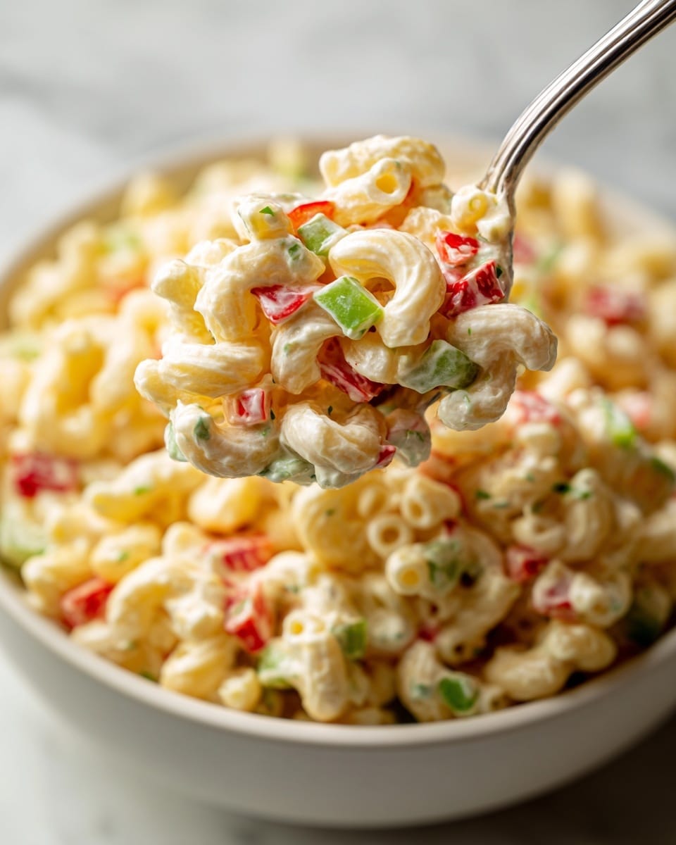 A close-up view of a spoonful of creamy macaroni salad held above a large white bowl filled with more of the same salad on a white marbled surface. The salad has three main layers: curved elbow macaroni coated in a thick, pale yellow dressing forming the base; small diced pieces of red bell pepper scattered evenly throughout adding bright red spots; and bits of chopped green vegetables mixed in for a fresh green touch. The macaroni pieces are smooth and shiny, and the red and green vegetable pieces add a fresh, crunchy contrast to the creamy texture. Photo taken with an iphone --ar 4:5 --v 7