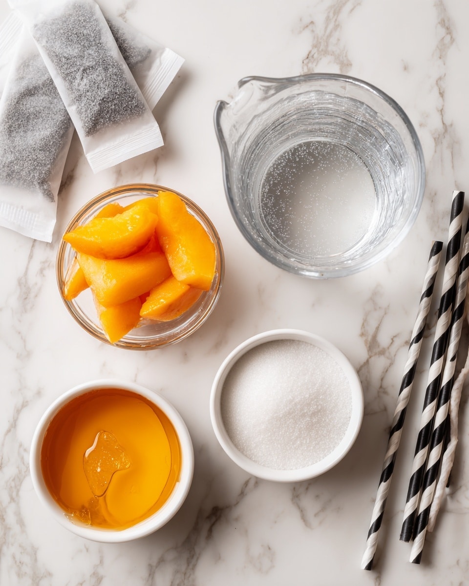 The image shows a white marbled surface with several ingredients laid out neatly. In the center, there is a clear glass measuring cup filled with water. To the right of the water, a small clear glass bowl holds frozen peach slices with visible frost. Below the water, another small clear glass bowl contains a smooth, bright orange peach puree. To the bottom right, there is a small white bowl filled with golden honey, and next to it, a white bowl full of white sugar. On the left side, three tea bags with white paper tags rest partially stacked. Black and white striped paper straws are placed vertically on the far right side. Photo taken with an iphone --ar 4:5 --v 7