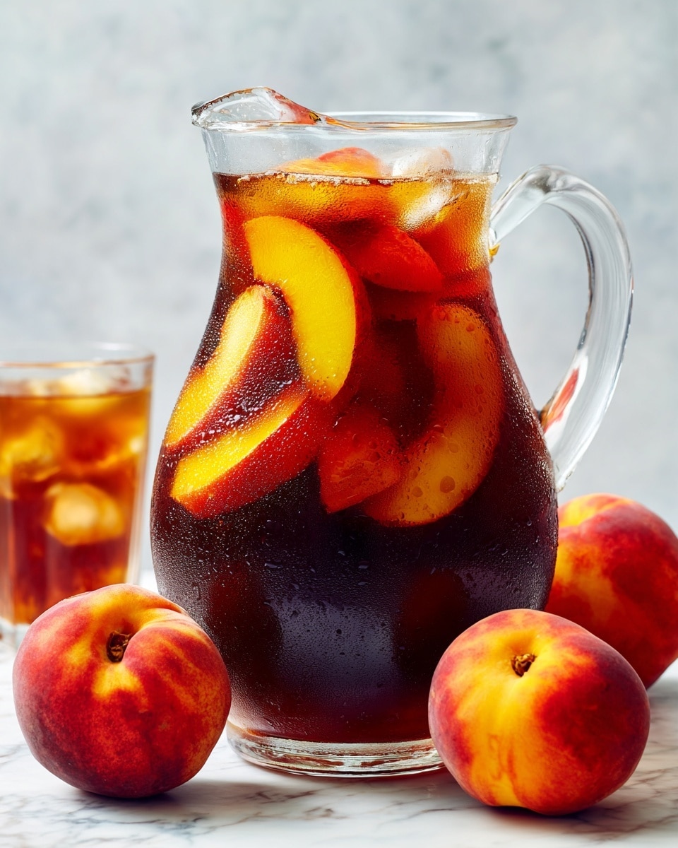 A clear glass pitcher filled with dark reddish-brown iced tea shows several thick, curved slices of bright orange-yellow peaches floating near the top. The pitcher has condensation drops on its sides and is set against a white marbled background. In the foreground, there are four whole peaches with red and yellow skin, slightly blurry, placed on the white marbled surface. On the left side, part of a clear glass filled with the same iced tea and peach slices is visible. photo taken with an iphone --ar 4:5 --v 7