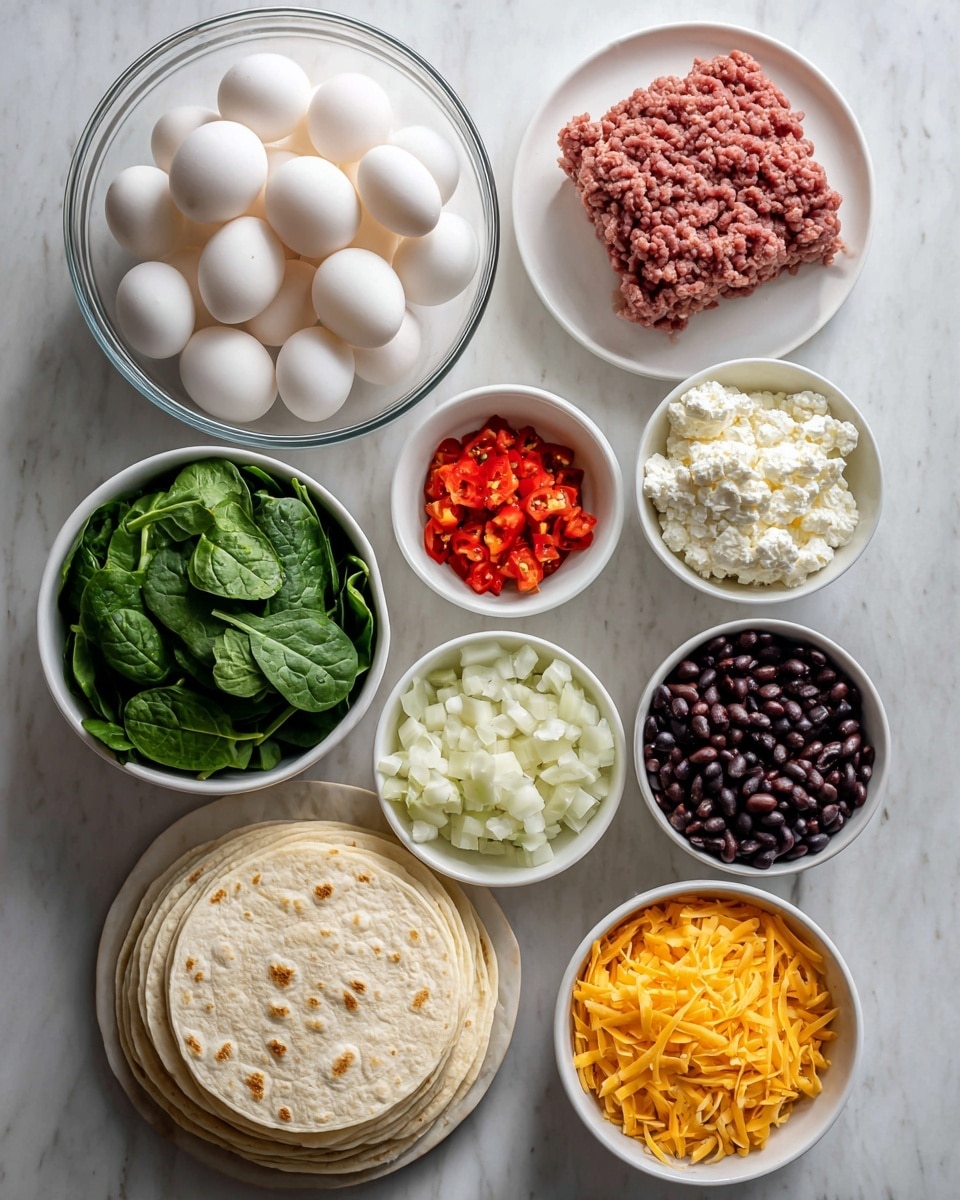 The image shows nine white bowls and plates arranged on a white marbled surface, each with different ingredients. In the top middle is a large clear bowl filled with many cracked eggs. Moving clockwise, there is a white plate holding a square block of raw ground meat, followed by a small white bowl with finely chopped red bell peppers. Below that, there is a neatly stacked pile of round tortilla wraps. Next to these, a white bowl contains diced white onions, followed by a large white bowl full of fresh green spinach leaves. Continuing upward, there is a smaller white bowl filled with cottage cheese, then a white bowl with black beans, and finally, a white bowl filled with shredded orange cheddar cheese. Photo taken with an iphone --ar 4:5 --v 7