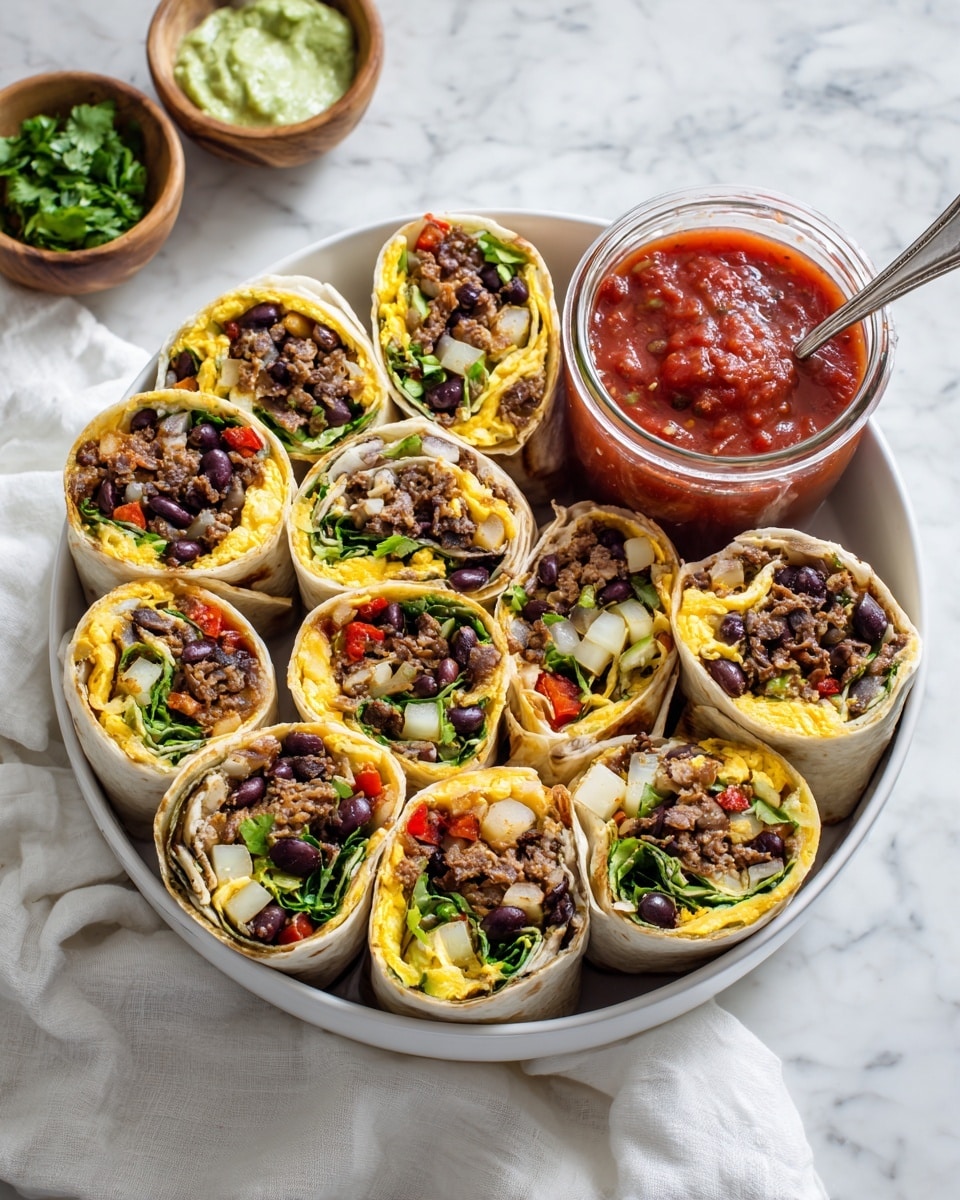 A white bowl filled with twelve tortilla wraps cut in half showing multiple colorful layers inside: browned ground meat, black beans, green leafy vegetables, soft yellow scrambled eggs, white chunks of potato, and bright red bell peppers; the wraps have a toasted light golden brown outside and are arranged around a small glass jar of red salsa with a spoon inside; the bowl sits on a white marbled surface with a white cloth nearby, and there are small wooden bowls of green herbs, white sauce, and guacamole around the bowl. photo taken with an iphone --ar 4:5 --v 7