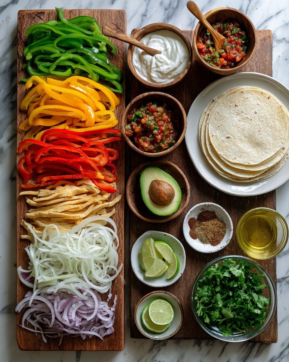 A wooden cutting board holds three neat rows of sliced bell peppers in yellow, green, red, and orange, each strip long and fresh-looking. To the right, a white plate shows a stack of soft, round tortillas. Above the peppers, two small brown bowls with wooden spoons contain white sour cream and colorful red salsa with bits of green. Next to them, a halved avocado reveals its brown pit and green flesh with fresh cilantro sprigs nearby. Below, a clear glass bowl is filled with uncooked thin chicken strips, and to the left, another glass bowl displays slices of white and purple onions. Below the chicken are small white dishes of brown seasoning and minced garlic, a small bowl of chopped cilantro, and a transparent glass container of light yellow oil along with half a lime and a glass dish of lime juice on a white marbled surface. Photo taken with an iphone --ar 4:5 --v 7