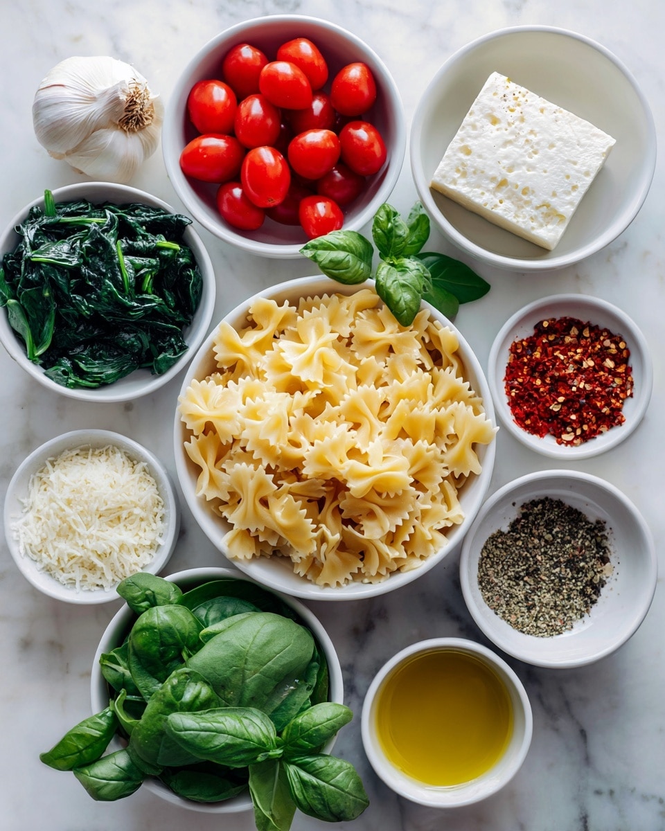 The image shows nine white bowls arranged on a white marbled surface, each with different ingredients. The center bowl holds uncooked farfalle pasta, light yellow and textured with ridges. Surrounding it are bowls with bright red cherry tomatoes, deep green baby spinach leaves, fresh green basil leaves, a block of white feta cheese, coarse white parmesan cheese, golden yellow extra virgin olive oil, finely ground black pepper with white salt mix, and red chili flakes. A small whole garlic head rests beside the bowls. The colors are fresh and vibrant, with natural lighting highlighting the textures, all placed neatly for a clear view. Photo taken with an iphone --ar 4:5 --v 7