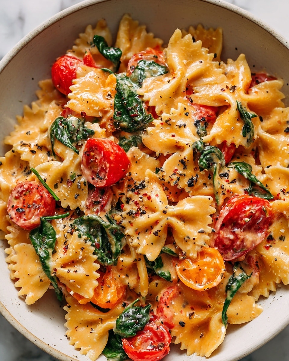 This image shows a close-up of bow-tie pasta mixed with small pieces of red and orange tomatoes and green spinach leaves. The pasta is coated in a creamy, light orange sauce that looks smooth and slightly grainy in texture, covering every piece evenly. The ingredients are mixed together inside a white bowl placed on a white marbled surface. The overall look is fresh, colorful, and appetizing with a mix of soft and leafy textures photo taken with an iphone --ar 4:5 --v 7