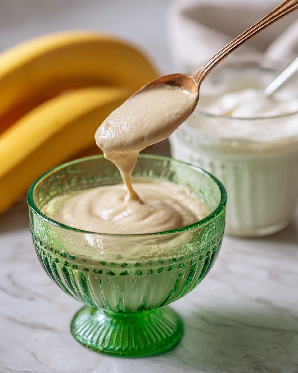 A close-up image showing a spoon lifting a light brown, creamy dessert from a green glass bowl with a textured design. The dessert is smooth and fluffy. In the background, there is another green glass bowl filled with a white creamy substance and a ripe yellow banana on the right. All items are placed on a white marbled surface. Photo taken with an iphone --ar 4:5 --v 7