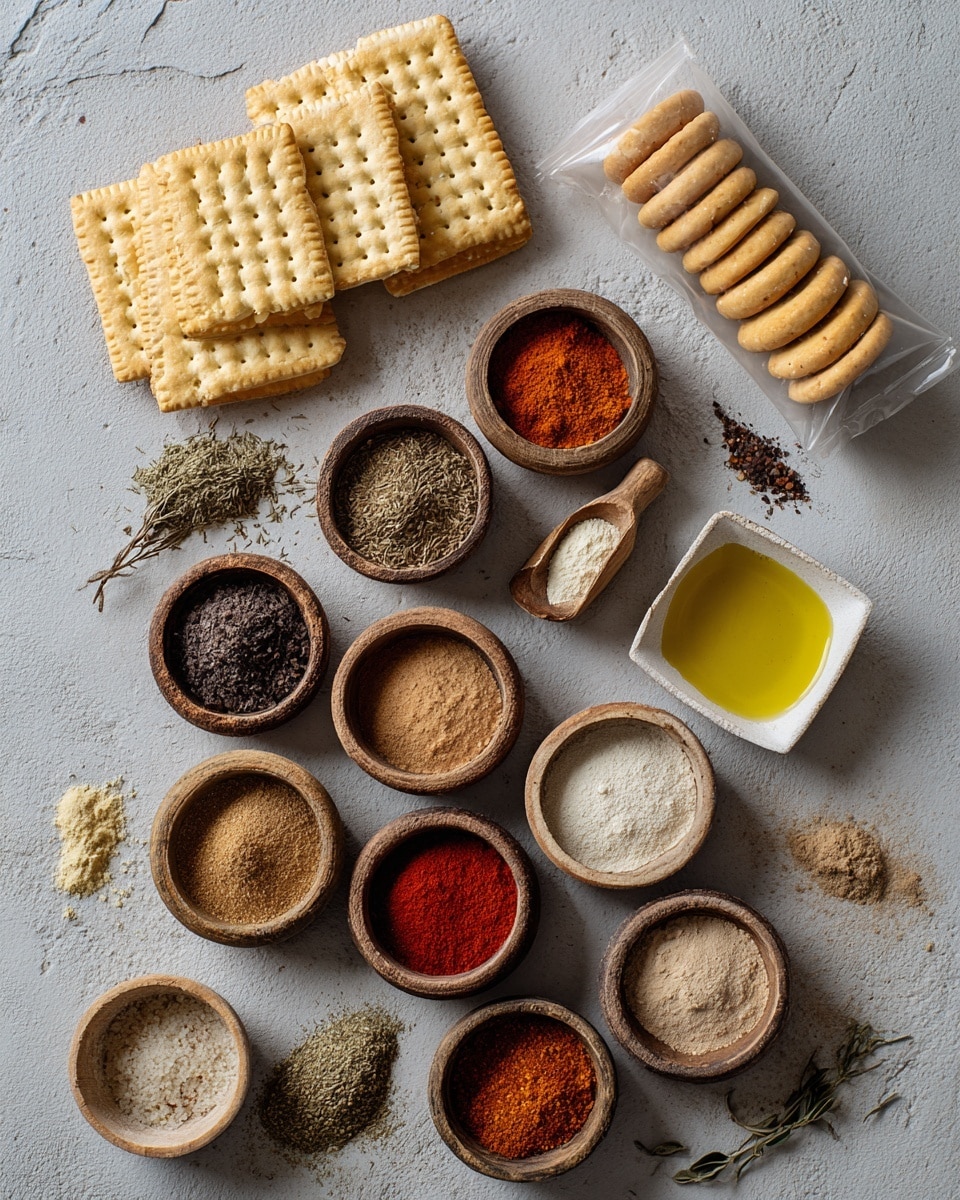A flat grey stone surface holds various small round wooden bowls arranged in a loose circle, each filled with different spices and ingredients in colors like light brown, dark brown, red, and beige. Near the center, . To the left, a neat stack of pale yellow rectangular crackers with ridged edges and perforations lies flat. On the right side, a white square dish contains a small amount of golden olive oil, and above it, an open clear plastic wrapper reveals a row of round golden crackers standing upright. The overall setup shows an organized mix of baking and seasoning ingredients. photo taken with an iphone --ar 4:5 --v 7