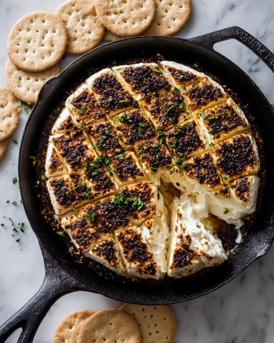 A block of white cheese is placed in a black cast iron pan, cut into a diamond pattern on top with a dark brown, crispy spice crust covering the top and edges. Small green herb pieces are sprinkled over the cheese. Surrounding the pan are round, light beige crackers with a slightly rough texture. The scene is set on a white marbled surface. photo taken with an iphone --ar 4:5 --v 7