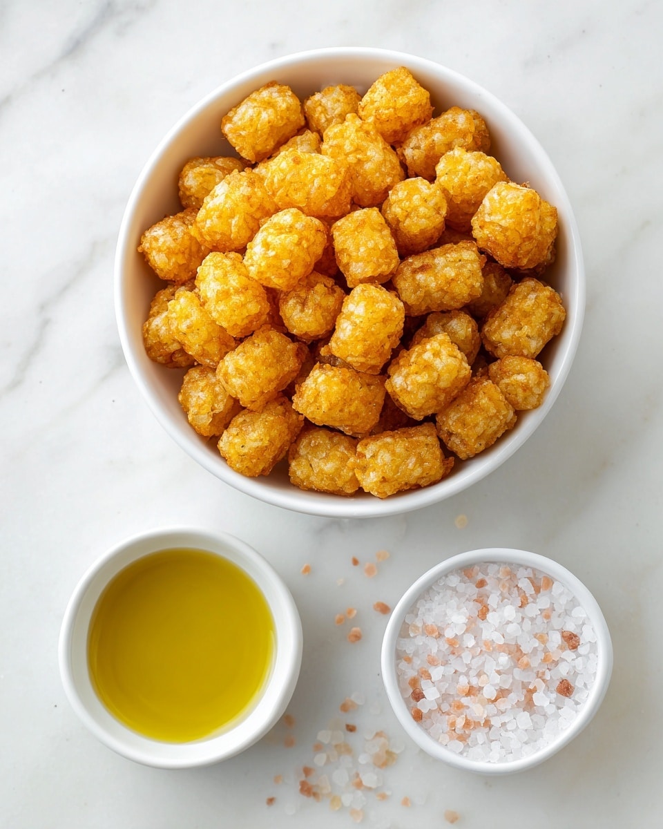 A white bowl filled with round and crispy frozen tater tots showing a light golden brown color and rough textured surfaces fills the top center of the image. Below the bowl are two smaller white bowls placed side by side on a white marbled surface: the left bowl contains smooth, golden yellow olive oil, and the right bowl holds coarse white salt with small pink flakes. The background is white marbled, giving a clean and fresh look with ample empty space around the bowls. photo taken with an iphone --ar 4:5 --v 7