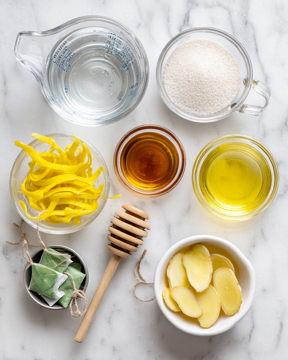 A flat lay of several small clear glass bowls and metal measuring cups on a white marbled surface, arranged neatly. At the top left is a clear glass measuring cup filled with clear water, next to it is a clear glass bowl with white granulated sugar. Below these, a smaller clear glass bowl holds bright yellow lemon peel strips. To the right is a clear glass measuring cup filled with light yellow lemon juice. Below the lemon peel is a wooden honey dipper resting beside several green tea bags with paper tags attached. Next to the lemon juice is a white metal measuring cup containing dark amber honey. At the bottom right is another white metal measuring cup filled with pale yellow thin slices of ginger. photo taken with an iphone --ar 4:5 --v 7