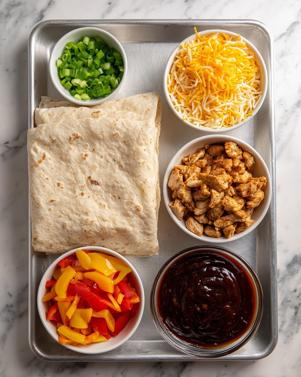 The image shows a metal sheet tray on a white marbled surface, holding six items: in the center left, there is a large rectangular flatbread with a soft, slightly bumpy pale beige texture; in small white bowls, starting from top left, there are bright green sliced green onions, finely shredded yellow and white cheese mixed together, and browned pieces of cooked chicken with a slightly crispy texture; in another white bowl at bottom right, there is a mix of small, vibrant orange, red, and yellow sliced bell peppers; lastly, a glass bowl at the bottom right corner contains dark brown BBQ sauce with a smooth surface, photo taken with an iphone --ar 4:5 --v 7