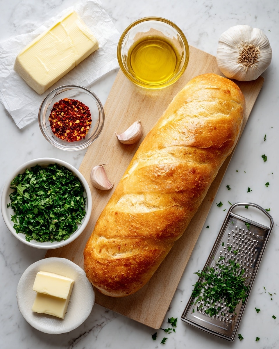 A long loaf of golden brown bread rests on a light wooden cutting board placed on a white marbled surface. Around it are various ingredients: a partially unwrapped stick of pale yellow butter above the board, a small clear bowl filled with red pepper flakes, a small clear bowl with light yellow olive oil, and a white bowl full of fresh chopped green parsley. Below the cutting board is a small metal grater with a block of pale low-moisture mozzarella cheese resting on it, and two garlic bulbs with light tan and white skin sitting nearby. photo taken with an iphone --ar 4:5 --v 7