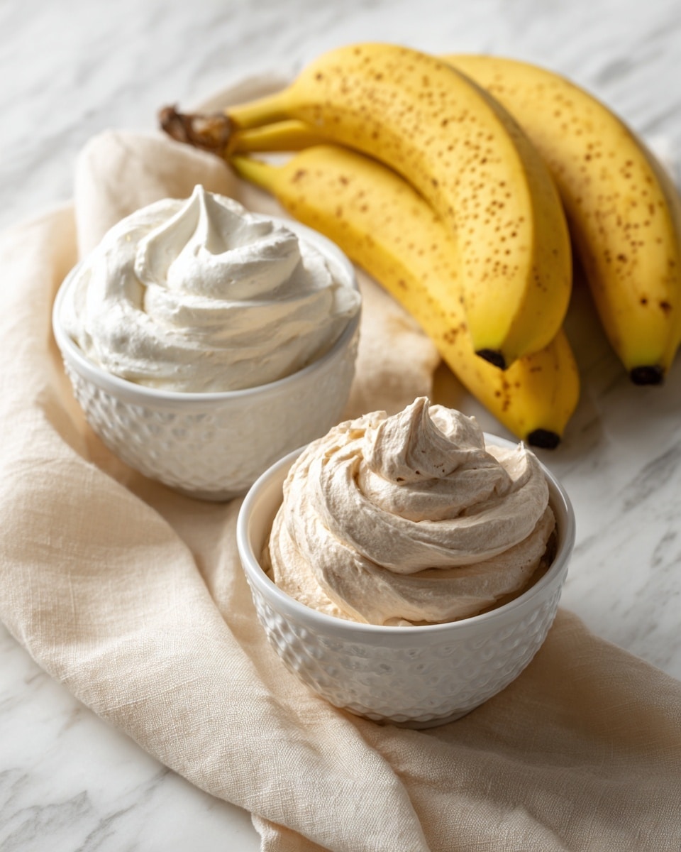 The image shows two small white glass dessert bowls with a textured pattern, each filled with soft, fluffy cream. The bowl in the front contains a light brown cream with a swirled, almost fluffy texture, while the bowl in the background has a white cream with a similar texture. To the right of these bowls, there are four yellow bananas with small brown spots. The bowls and bananas are placed on a white marbled surface next to a light beige cloth. Photo taken with an iphone --ar 4:5 --v 7