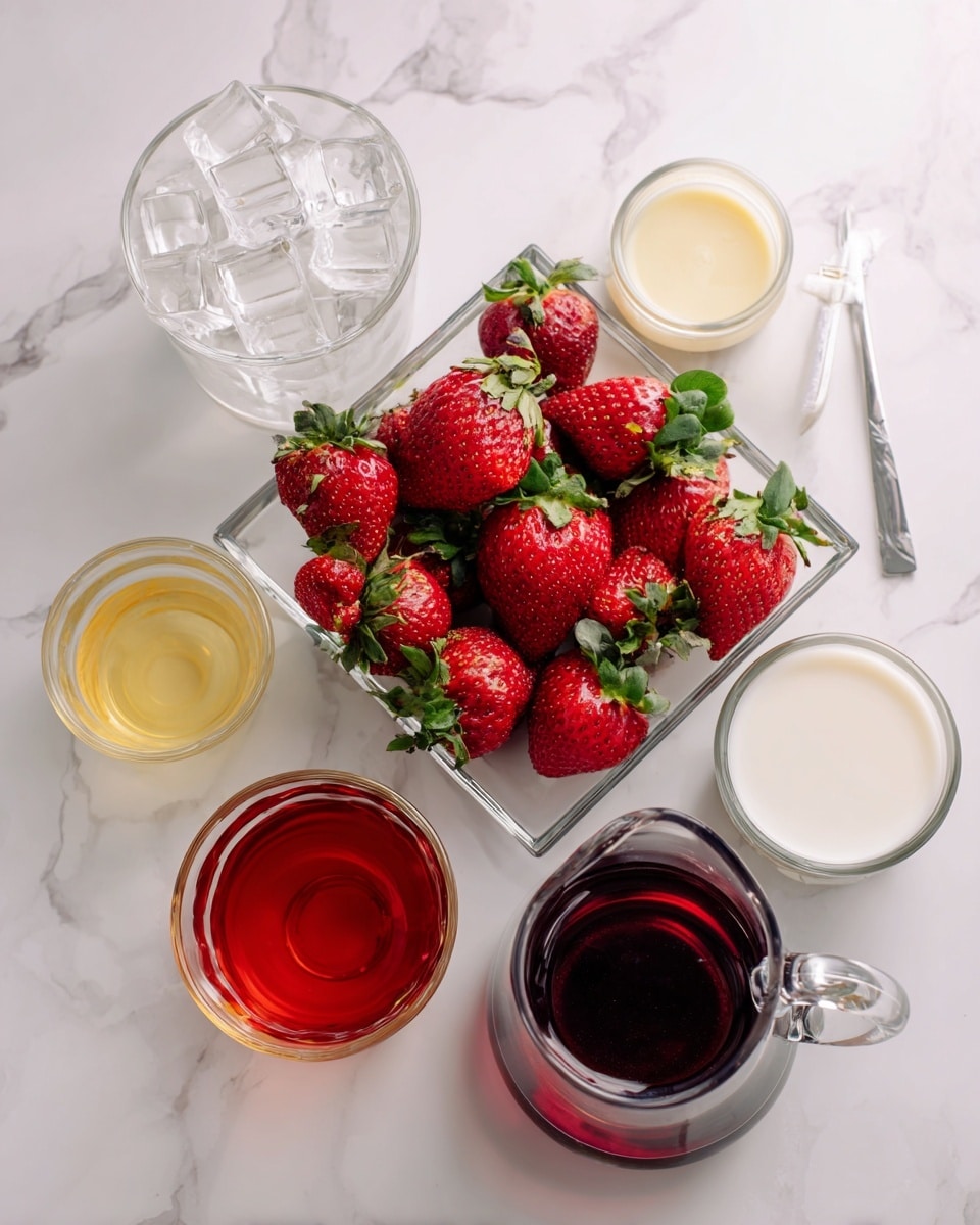 The image shows a square glass bowl full of bright red strawberries with green leaves, placed in the center on a white marbled surface. Around the bowl, there are five clear glass cups filled with different drinks: at the top left, a cup with clear ice cubes; top middle, a small cup with pale yellow vanilla syrup; top right, a cup filled with white milk of choice; bottom left, a transparent cup with reddish-orange tazo berry hibiscus margarita tea; and bottom right, a clear cup containing dark purple passion tea. A woman’s hand holds a clear glass pitcher with white milk of choice on the right side. The whole setup is clean and bright, showing the colors clearly. photo taken with an iphone --ar 4:5 --v 7