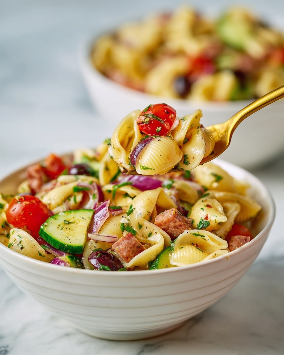 A close-up of a white bowl filled with colorful pasta salad showing three layers: the bottom layer has plump, golden shell pasta with green herbs, the middle layer contains sliced black olives and bright green cucumber chunks, and the top layer has halved cherry tomatoes, sliced red onion rings, and cube-shaped pieces of reddish sausage. A golden fork holds a mix of these ingredients above the bowl. Another similar white bowl with pasta salad is blurred in the background on a white marbled surface. Photo taken with an iphone --ar 4:5 --v 7