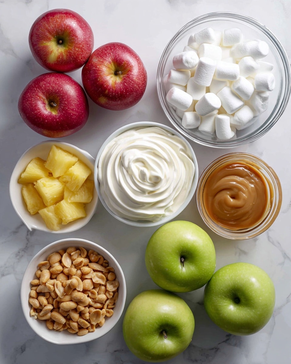 The image shows ingredients laid out on a white marbled surface. In the top left, there are three red apples grouped together, bright and smooth. To the right, a clear glass bowl is filled with small, white marshmallows, their soft texture visible. Below the marshmallows, a white bowl holds a fluffy swirl of cool whip, pure white and creamy. Next to it, on the right, is a small glass container with rich, glossy caramel sauce. Moving left below the apples, a white bowl is filled with golden roasted peanuts. In the bottom right corner, two green apples sit side by side, fresh and shiny. Near the apples, a small brown packet of pudding is placed, slightly crinkled. Finally, at the bottom left, a white bowl contains yellow pineapple chunks soaking in juice, bright and juicy. photo taken with an iphone --ar 4:5 --v 7