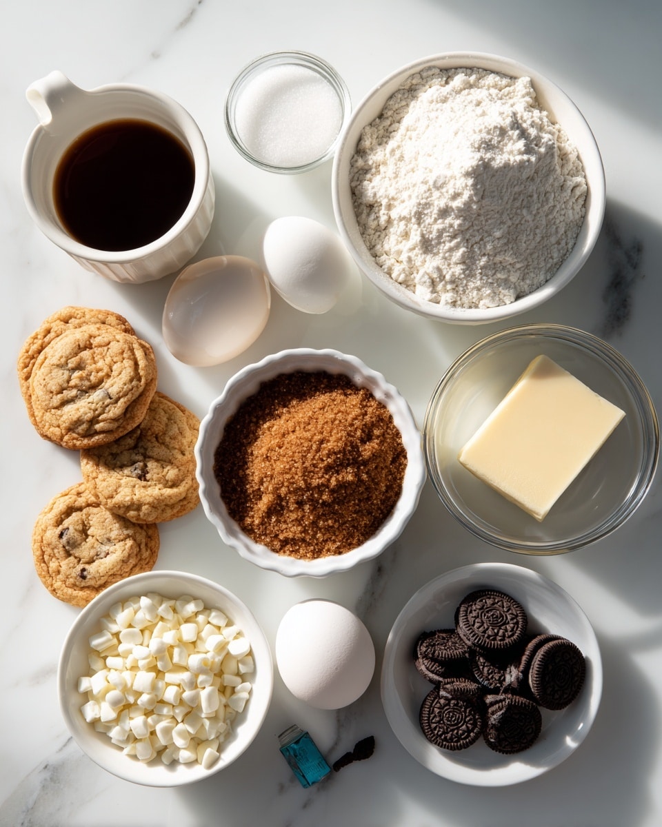 The image shows a white marbled surface with several baking ingredients neatly arranged. On the top right, there is a white bowl filled with white all-purpose flour, next to a stick of pale yellow butter. Below it, a clear glass bowl holds white granulated sugar. Toward the center, a white ramekin is full of brown sugar, coarse and light brown in color. To the left of it, a white cup contains dark brown vanilla liquid. A whole white egg sits near the middle, surrounded by mini chocolate chip cookies with a golden brown color. Below the cookies, there is a small white bowl with white baking powder powder. White chocolate chips are stacked in a small pile at the bottom right. Near the bottom left, small black mini Oreos are scattered, with a tiny bottle of blue food coloring nearby. The lighting is bright and natural, with a clean, simple setup. Photo taken with an iphone --ar 4:5 --v 7
