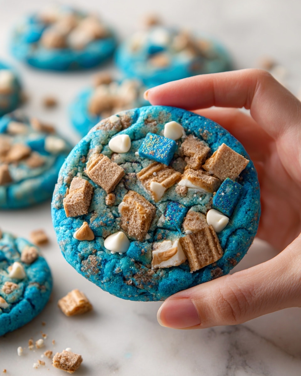 A bright blue cookie is held by a woman's hand with the thumb pressing gently on the top right side. The cookie has a soft, textured surface with a mix of chunks of chocolate sandwich cookies, light brown cookie pieces, and white chocolate chips scattered on top. The cookie looks thick and dense, and the background shows more of the same blue cookies on a white marbled surface. photo taken with an iphone --ar 4:5 --v 7
