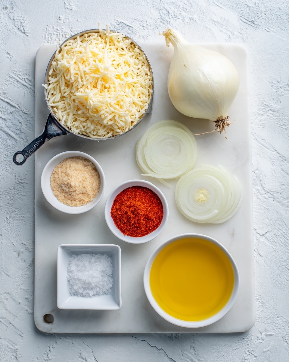 On a white marbled surface, there is a white cutting board holding several small bowls and ingredients arranged neatly. To the top left, a metal measuring cup is filled with shredded cheese, light yellow in color and stringy in texture. Next to it on the top right side of the board, there is a whole white onion with a small stem attached, along with two thin, round slices of the onion placed right below it. In the middle top are two small white bowls, one containing a light tan powder, and the other filled with a bright red powder. On the bottom left of the board is a tiny square white bowl with coarse salt crystals. On the bottom right, there is a larger white bowl filled with golden yellow oil, smooth and shiny. The image has a clean and bright look with the white marbled texture visible in the background photo taken with an iphone --ar 4:5 --v 7