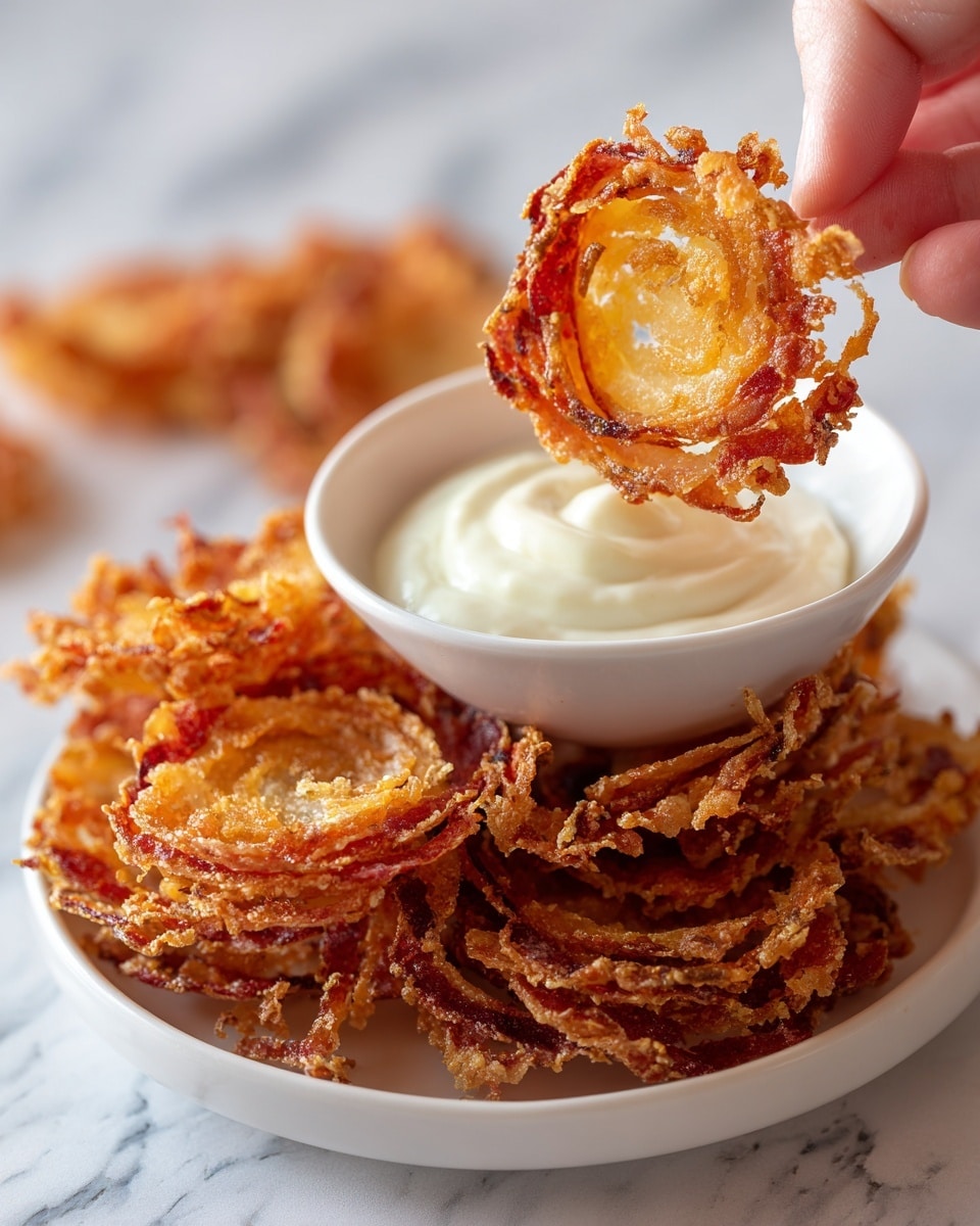 The image shows one woman's hand holding a crispy fried onion chip dipped into a small white bowl filled with creamy white sauce. The onion chips are stacked on a white plate next to the bowl, showing their thin layers with golden brown and reddish crispy edges, some parts lacy and crunchy. The background is a soft white marbled surface with blurred onion chips, emphasizing the texture and color contrast of the crispy chips and smooth sauce. photo taken with an iphone --ar 4:5 --v 7