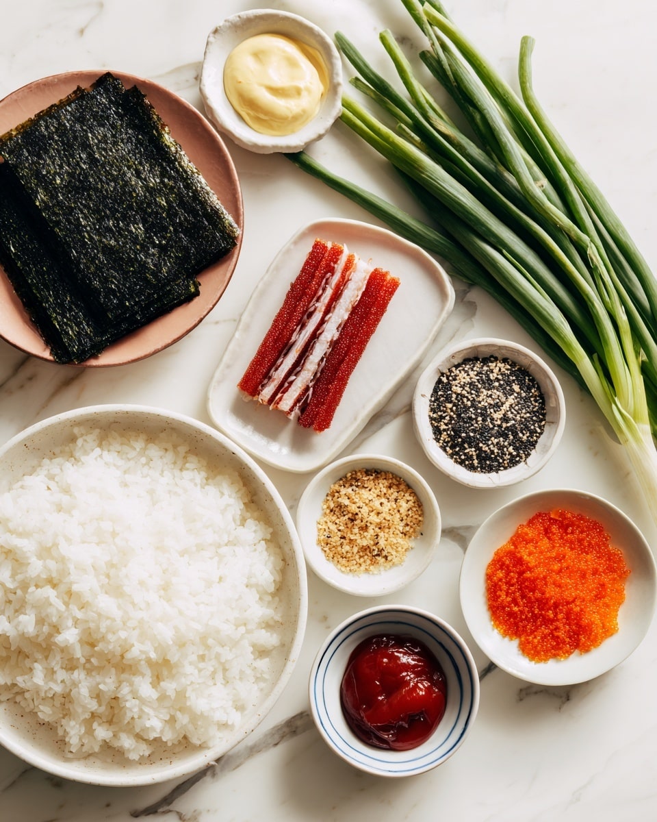 The image shows several white dishes arranged on a white marbled surface. In a large white bowl at the bottom left, there is a thick layer of white sushi rice. To the right, a bunch of green scallions lies with long green stalks and white ends. Above the bowl of rice, a white plate with pinkish-brown edges holds a neat stack of red and white kani sticks. To the left, a small white bowl contains dark green shiny nori sheets stacked together. There is a small white dish with a smooth dollop of pale yellow kewpie mayo, placed below the nori. To the upper right of the kani, several small white bowls hold different ingredients: furikake with mixed texture in brown and white, bright orange tobiko with fine, fish-egg texture, black and white sesame seeds, and smooth red sriracha sauce in a small white bowl with a blue rim. All items are clean and beautifully arranged for a clear look at each ingredient photo taken with an iphone --ar 4:5 --v 7