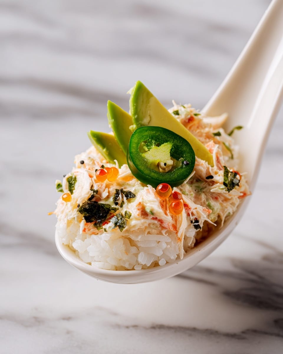 A white textured spoon holds a close-up view of layered food. The bottom layer is white sticky rice. On top of the rice, there is a creamy mix of shredded white and orange crab meat mixed with green herbs and sesame seeds, adding a textured look with small orange fish eggs spread throughout. Slices of dark green seaweed and thin white strips are mixed into the creamy crab layer. A few bright green jalapeño slices sit on top, along with thin, fanned slices of light green avocado placed near the center. The background shows a blurred layer of the same dish on a white marbled surface. photo taken with an iphone --ar 4:5 --v 7